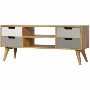 Mango Hill Media Unit with 4 Grey Hand-Painted Drawers and 2 Open Slots