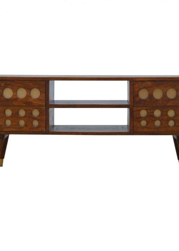 Mango Hill 4 Drawer Media Unit with Brass Hole Inlay and 2 Open Slots