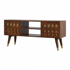 Mango Hill 4 Drawer Media Unit with Brass Hole Inlay and 2 Open Slots