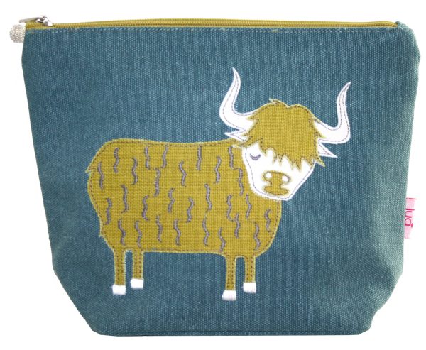 Teal Highland Cow Large Cosmetic Purse