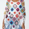 Multicolour Flower Crochet Tassel Poncho