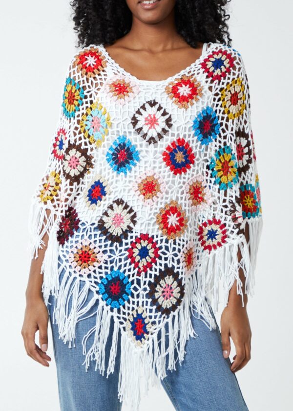Multicolour Flower Crochet Tassel Poncho