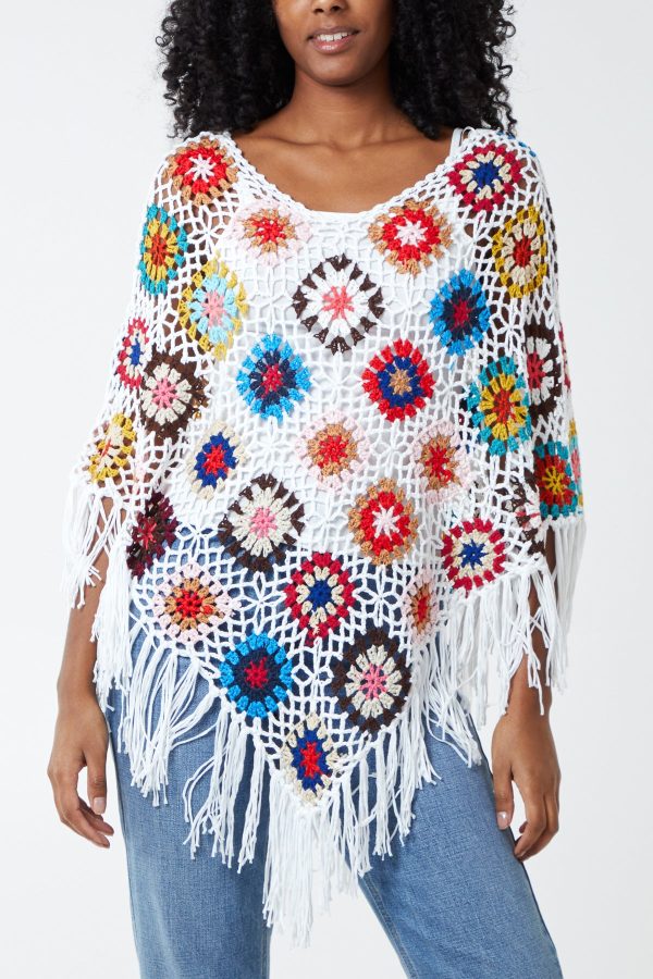 Multicolour Flower Crochet Tassel Poncho