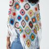 Multicolour Flower Crochet Tassel Poncho Multicolour Flower Crochet Tassel Poncho