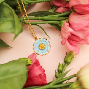 Powder Blue Daisy Enamel Gold Pendant Necklace