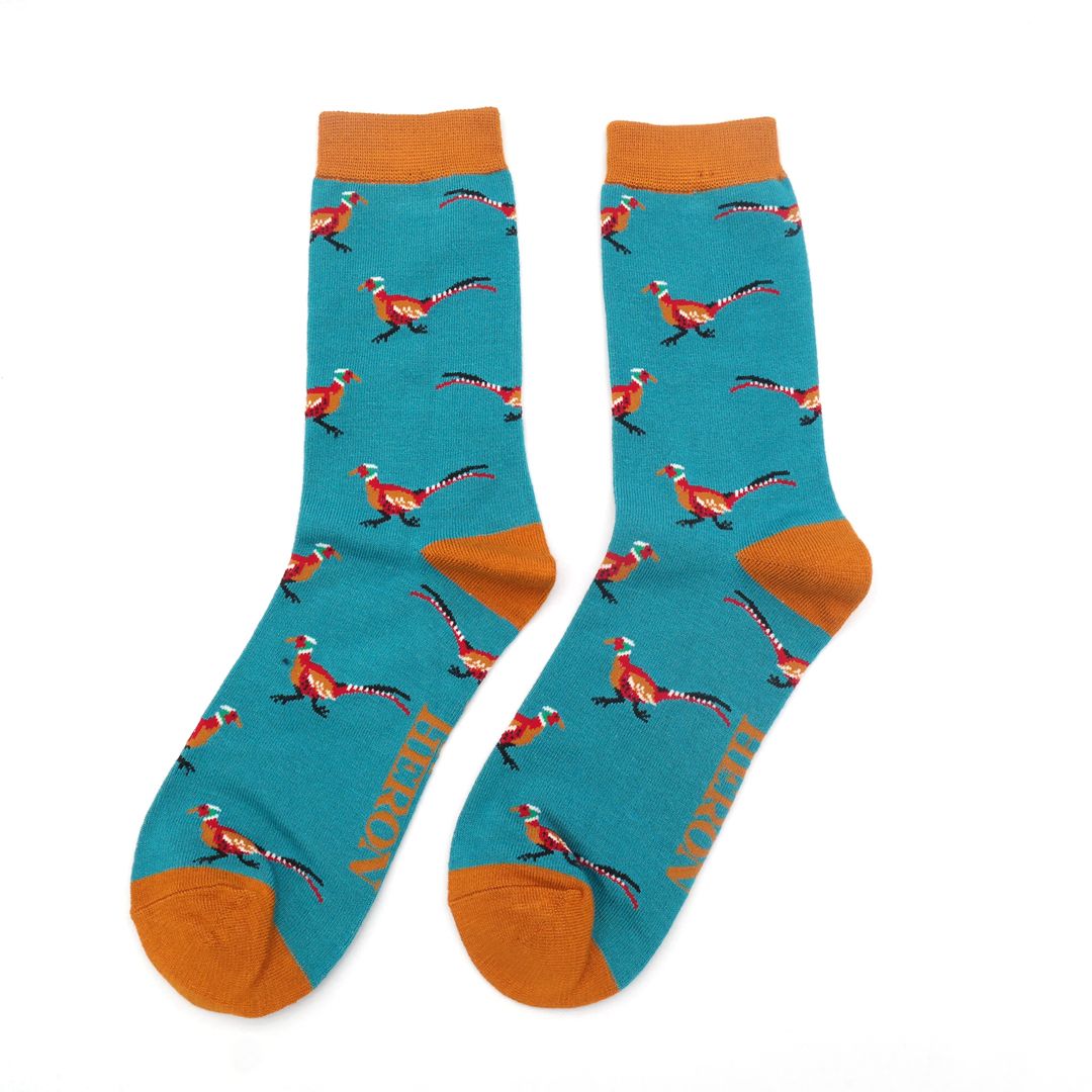 Mr Heron Teal Pheasants Socks | Funky Socks | Vegan Haven