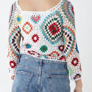Crochet Multi Colour Knit Wide Neck Crop Jumper