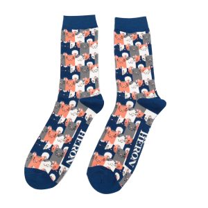 Mr Heron Navy Happy Cats Socks
