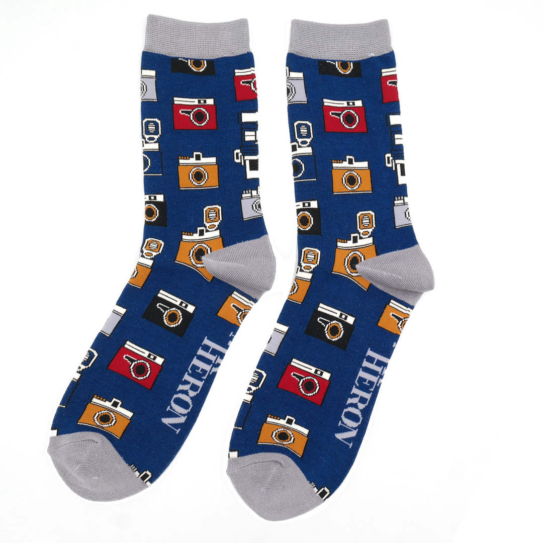 Mr Heron Navy Retro Camera Socks Funky Socks Vegan Haven