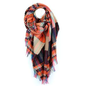Orange & Teal Fringed Check Scarf