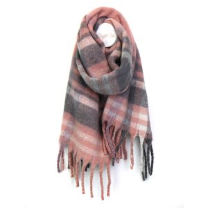 Pale Pink & Grey Fringed Scarf