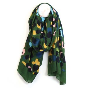Olive Green Scarf With Teal & Mustard Camo Print