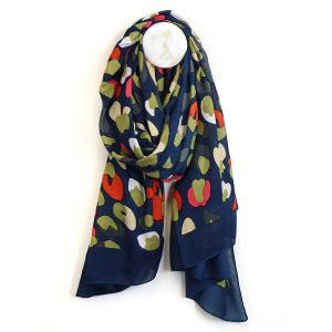 Dark Teal Scarf With Olive & Orange Abstract Print