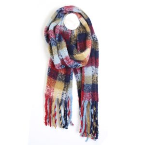 Red Blue & Beige Mix Fringed Scarf