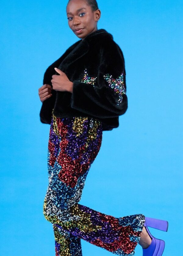 Black Bamboo Faux Fur Sequins Star Jacket