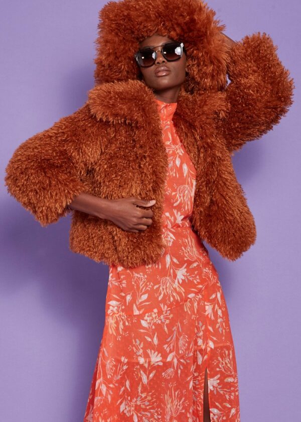 Brown Bamboo Lyocell Knitted Vegan Faux Shearling Jacket