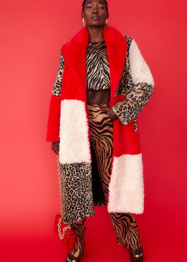 Maxi Checkered Leopard Print and Shearling Faux Fur Coat