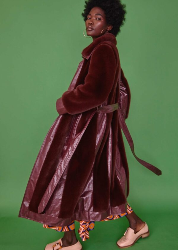 Red Faux Fur & Faux Leather Crocodile Effect Panelled Trench Coat